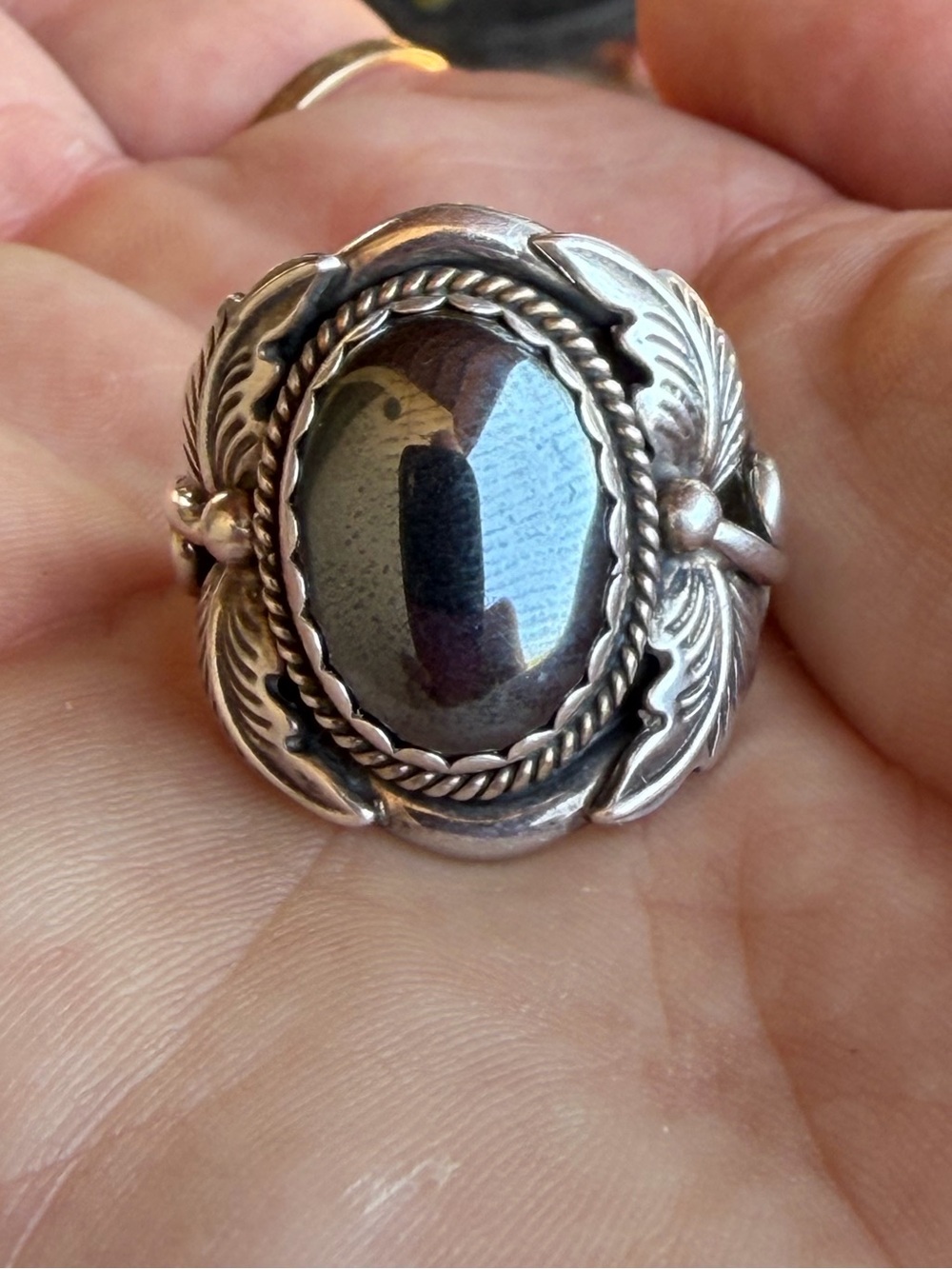 Large Vintage Sterling Silver Hematite Oval Statement Ring size 13